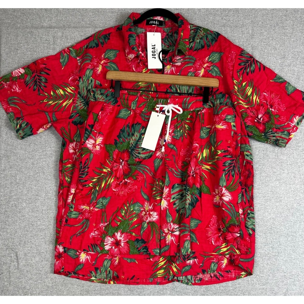JOGAL Set Mens XXL Red Cotton Viscose Tropical Hibiscus Floral Shirt Shorts NEW